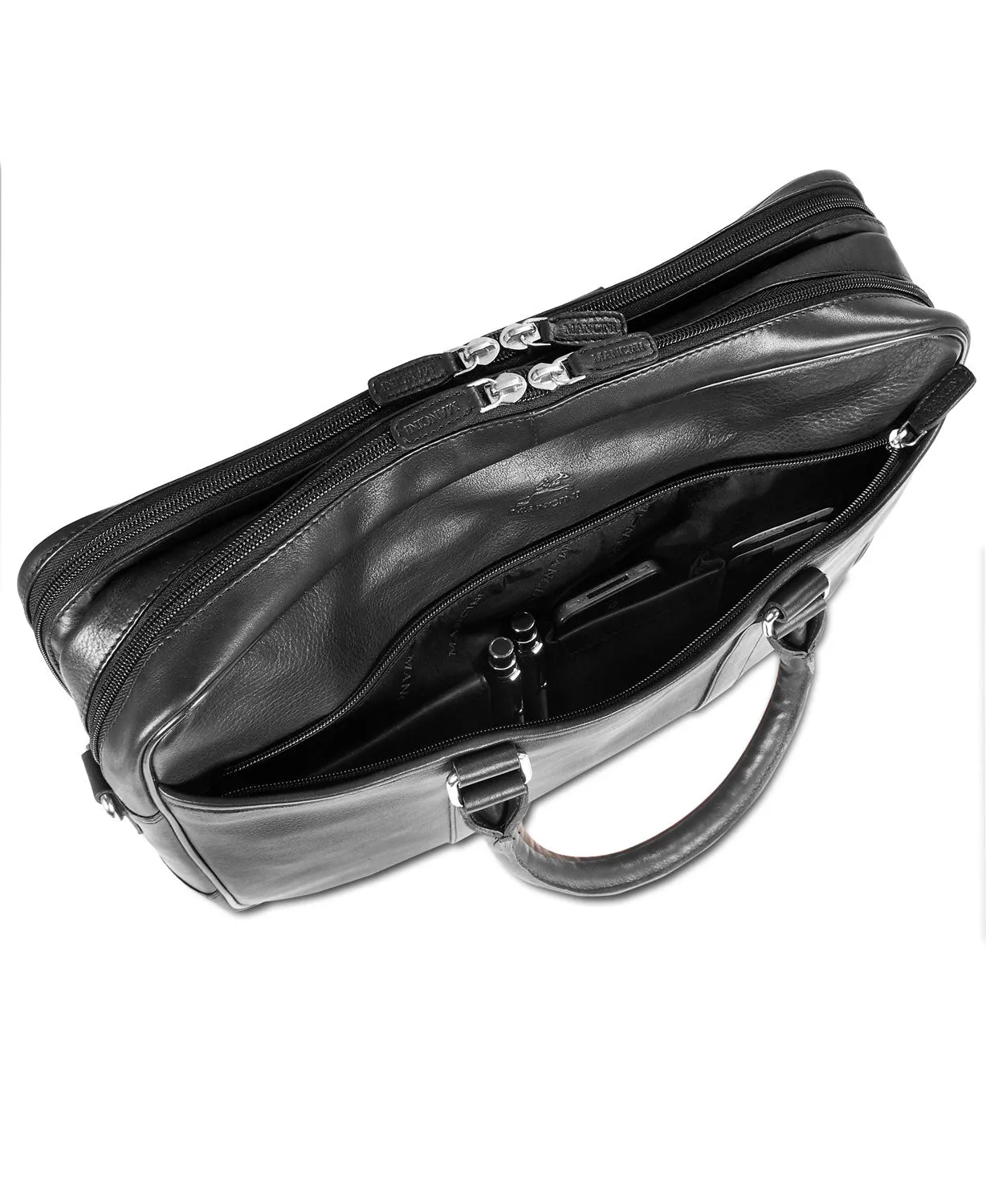 Mancini Leather Double Compartment Zippered Briefcase for 15.6" Laptop / Tablet, 15.5" x 4.25" x 11.25", Black