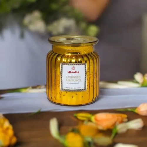 MIAAKA Ethereal Radiance Fluted Glass Jar Hand Poured Scented Candle Luminous Bergamot Fragrance 435gm