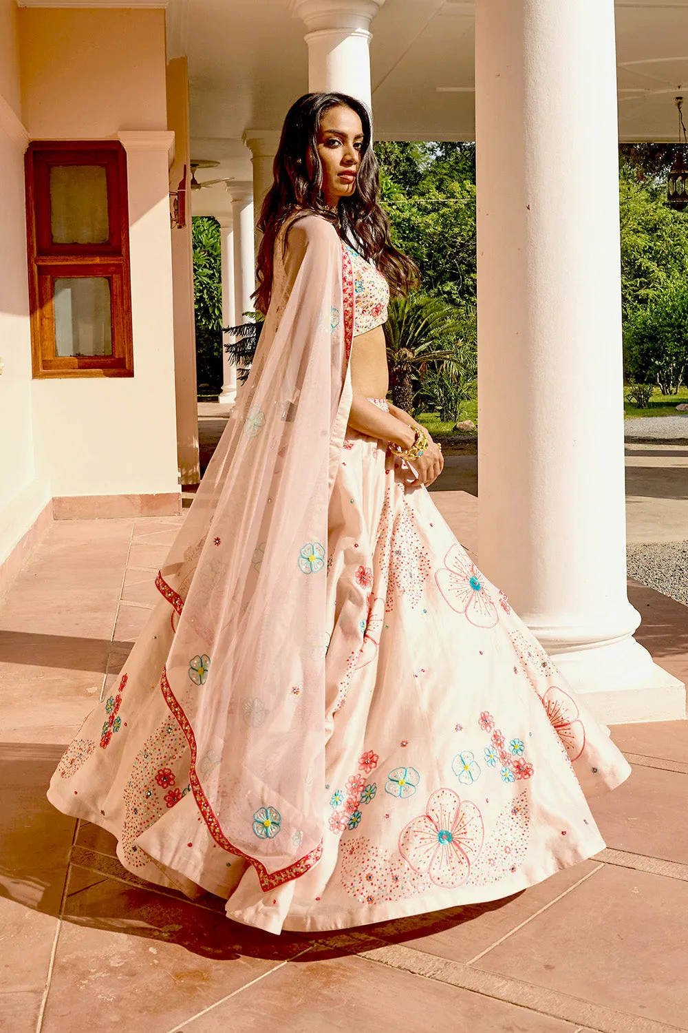 Multi-Colored Sequins & Resham Hand Embroidered Silk Lehenga Set