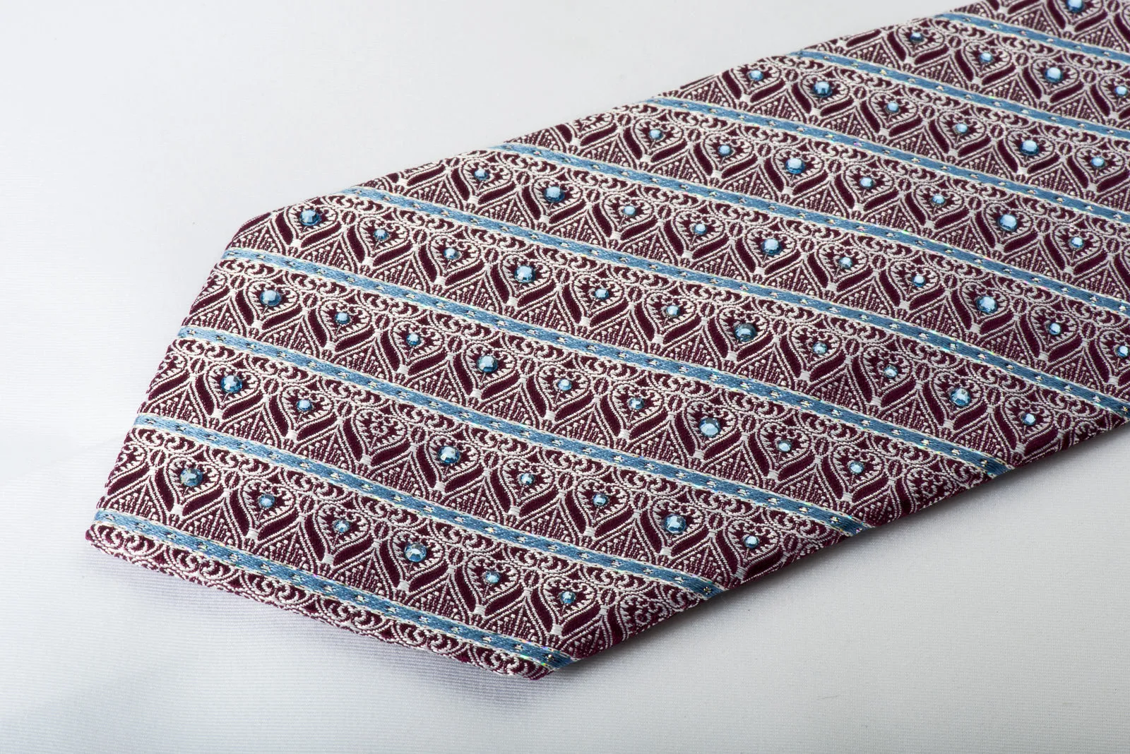 Park Land Rhinestone Silk Necktie Silver Anthemion On Burgundy With Silver Sparkles