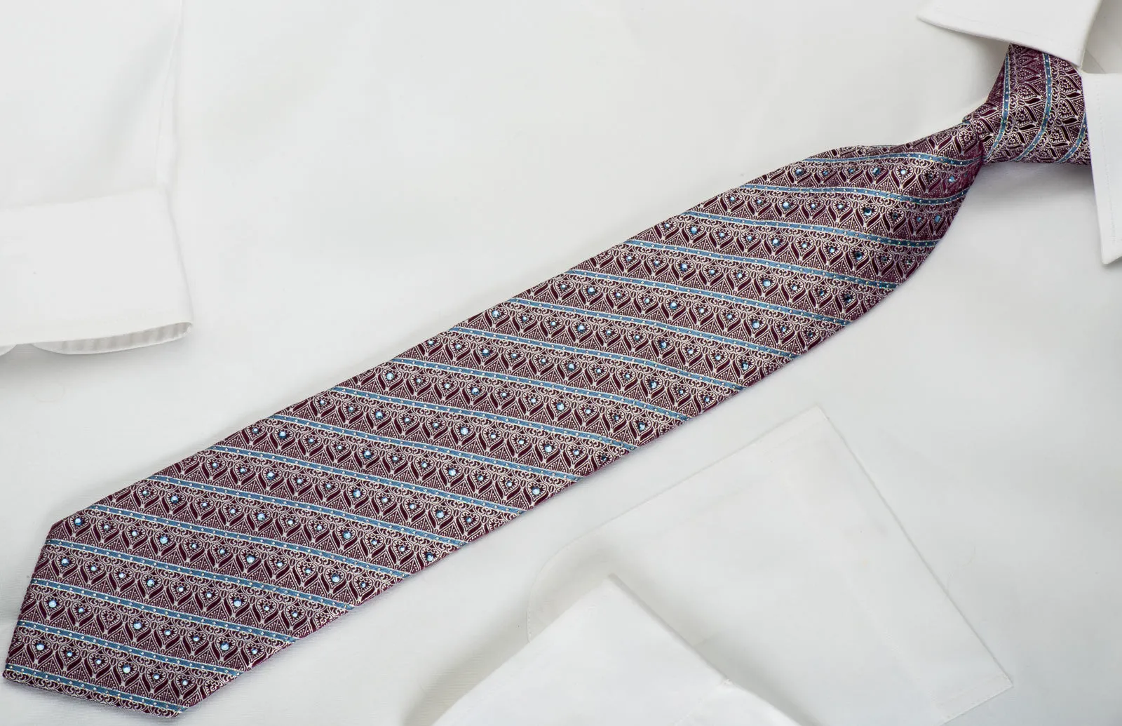 Park Land Rhinestone Silk Necktie Silver Anthemion On Burgundy With Silver Sparkles