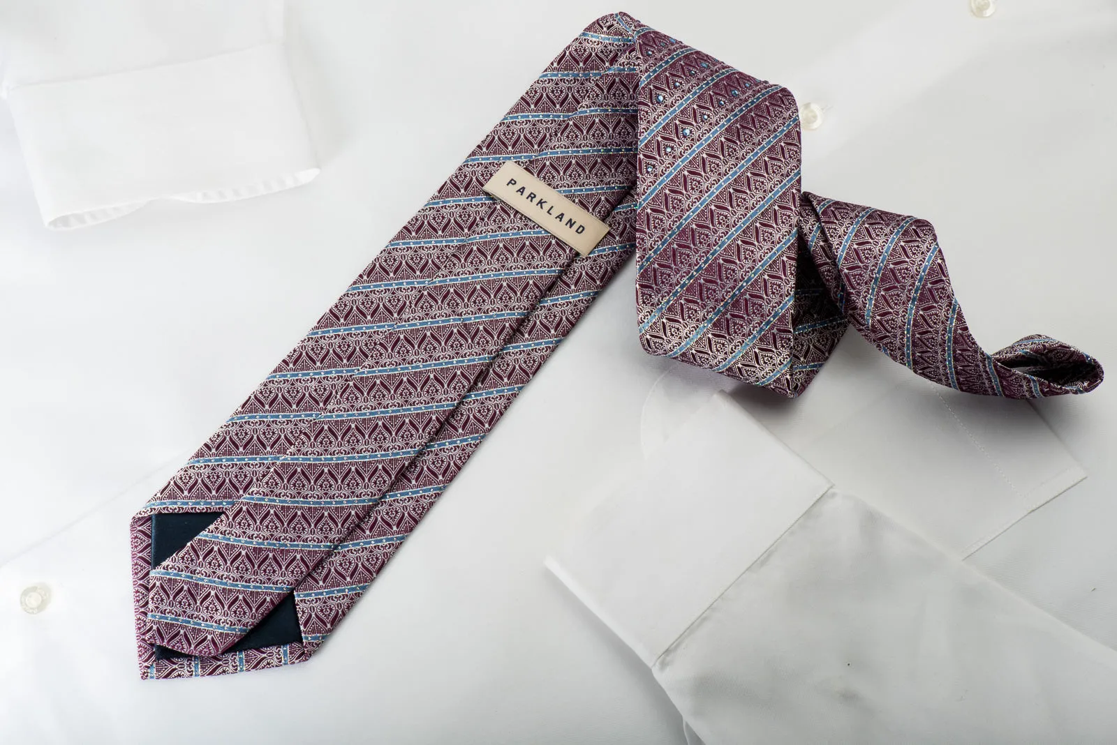 Park Land Rhinestone Silk Necktie Silver Anthemion On Burgundy With Silver Sparkles