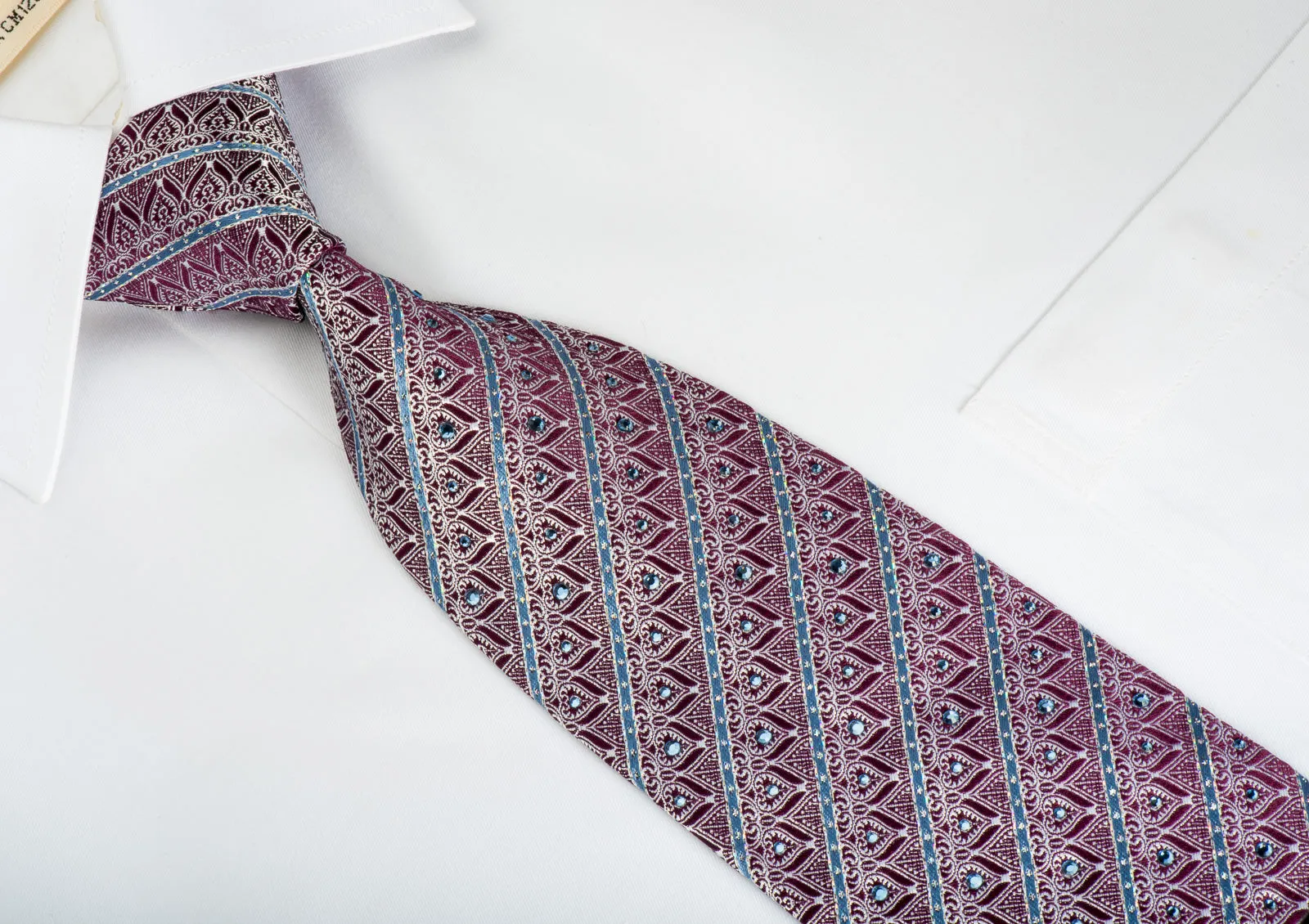 Park Land Rhinestone Silk Necktie Silver Anthemion On Burgundy With Silver Sparkles