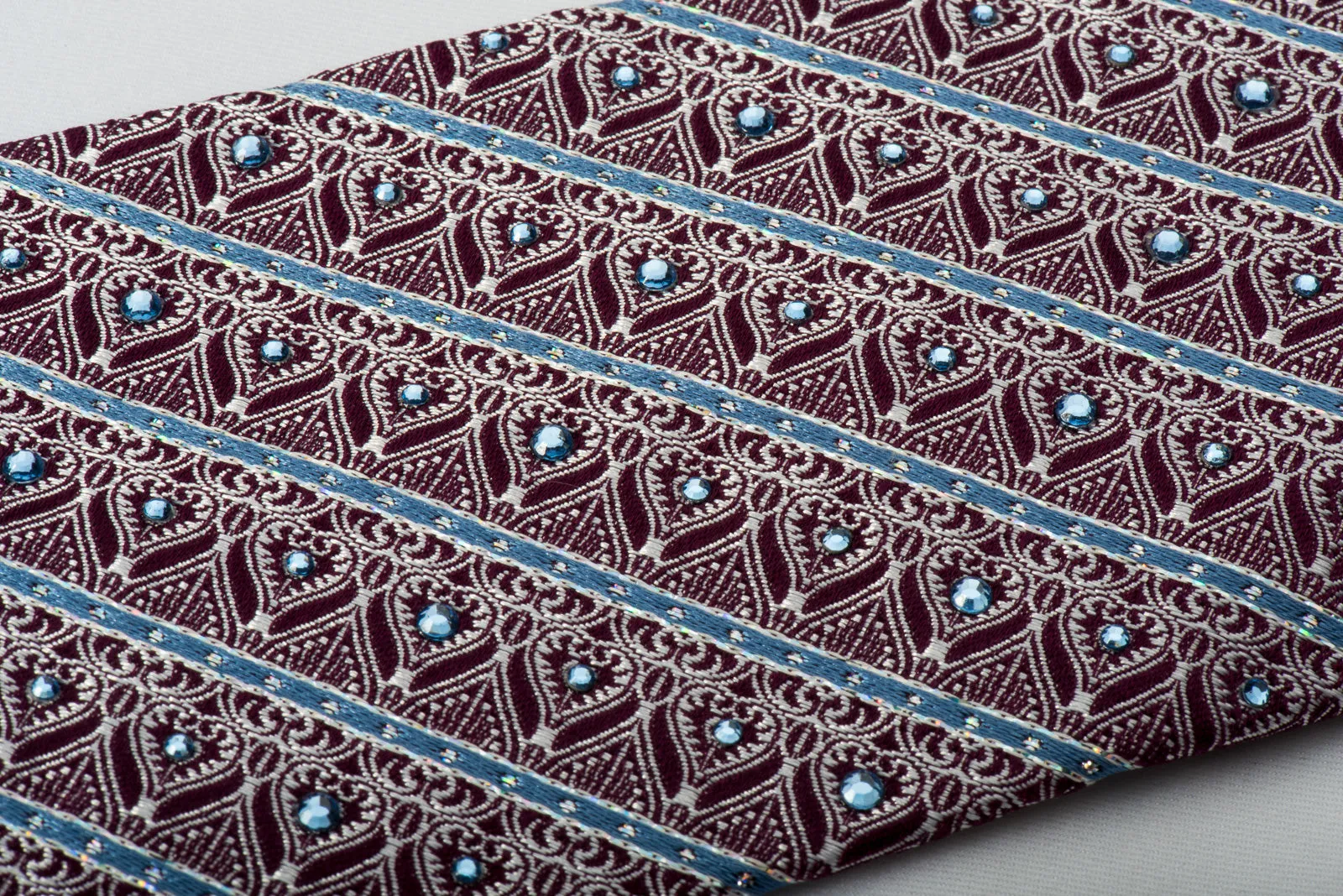 Park Land Rhinestone Silk Necktie Silver Anthemion On Burgundy With Silver Sparkles