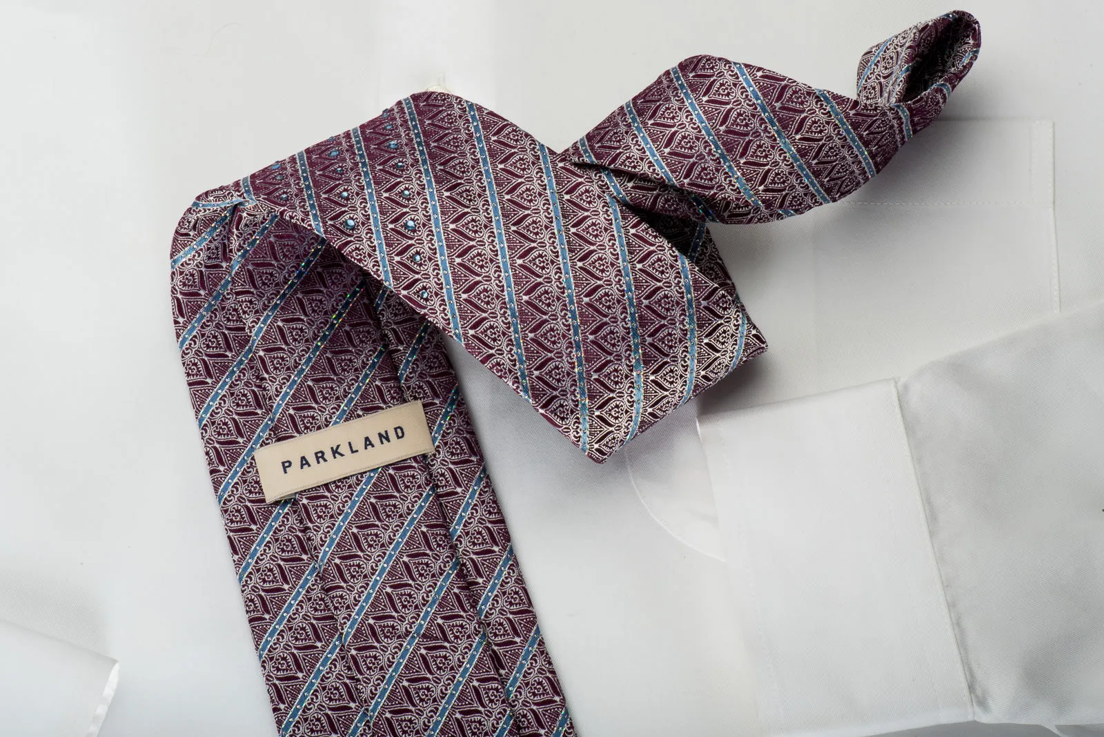 Park Land Rhinestone Silk Necktie Silver Anthemion On Burgundy With Silver Sparkles