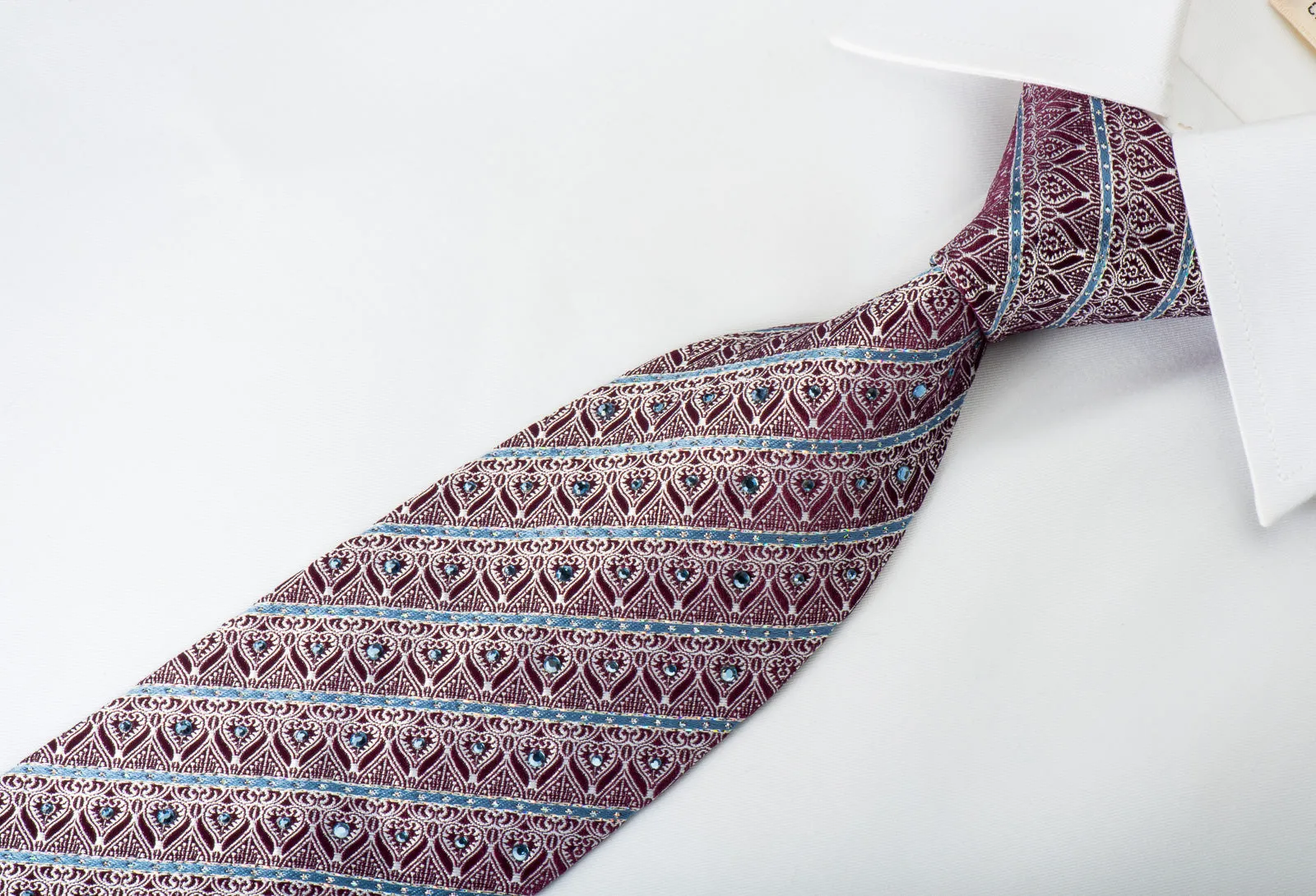Park Land Rhinestone Silk Necktie Silver Anthemion On Burgundy With Silver Sparkles
