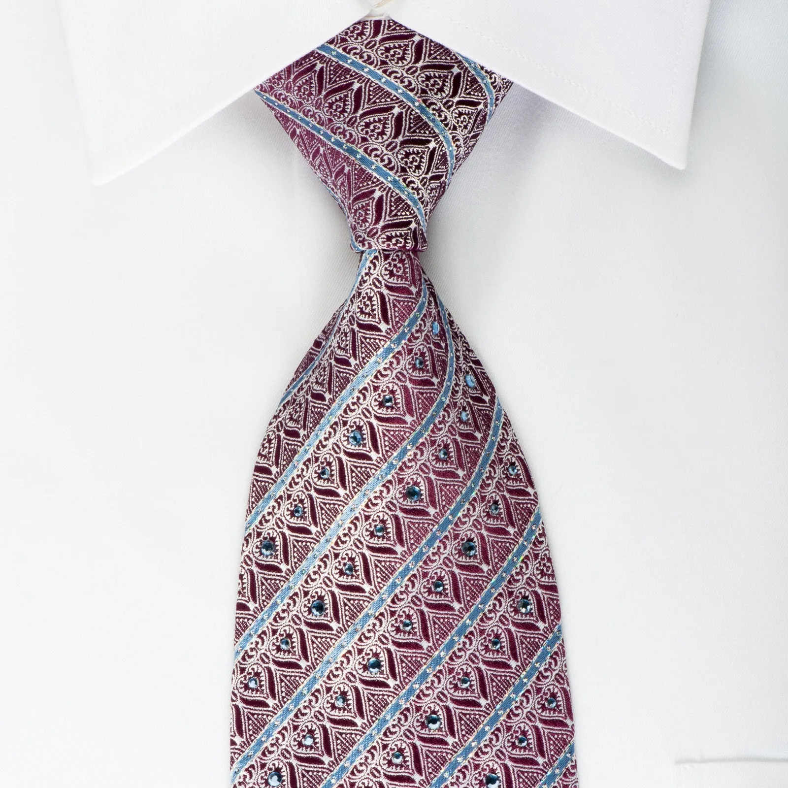 Park Land Rhinestone Silk Necktie Silver Anthemion On Burgundy With Silver Sparkles
