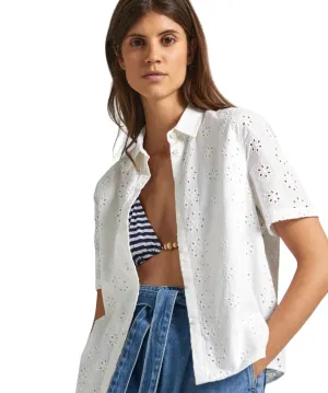 Pepe Jeans camicia manica corta da donna in popeline traforata sangallo Esty PL304810 800 bianco