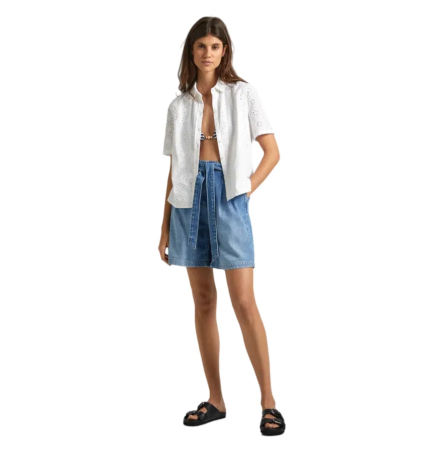 Pepe Jeans camicia manica corta da donna in popeline traforata sangallo Esty PL304810 800 bianco