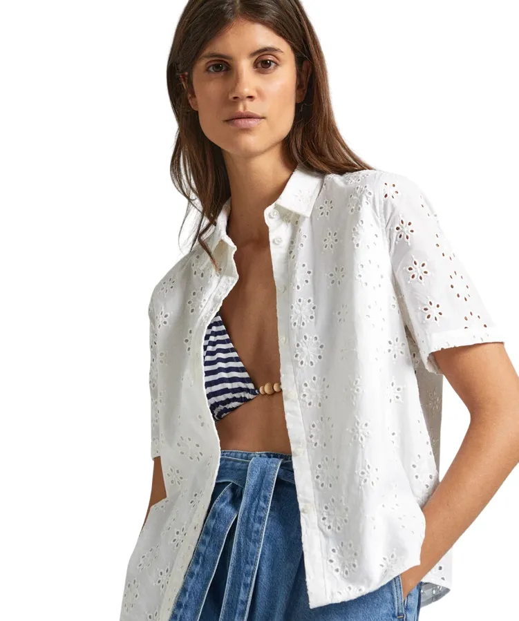 Pepe Jeans camicia manica corta da donna in popeline traforata sangallo Esty PL304810 800 bianco
