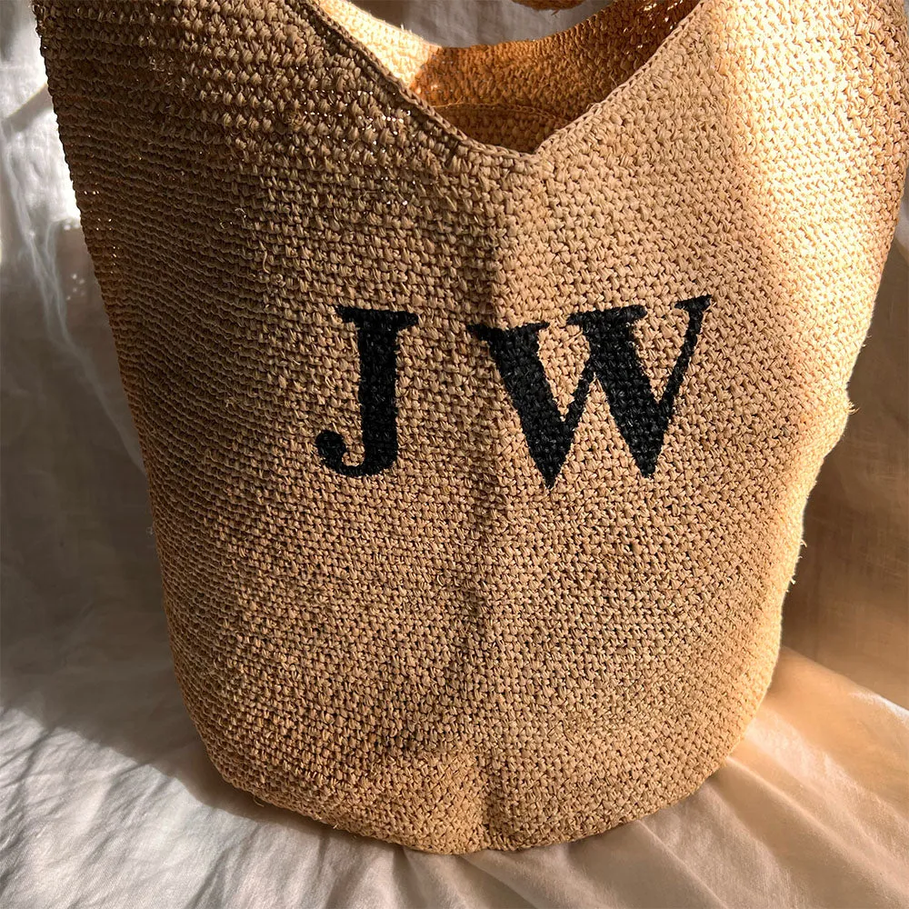 Personalised Raffia Bucket Bag - Olive