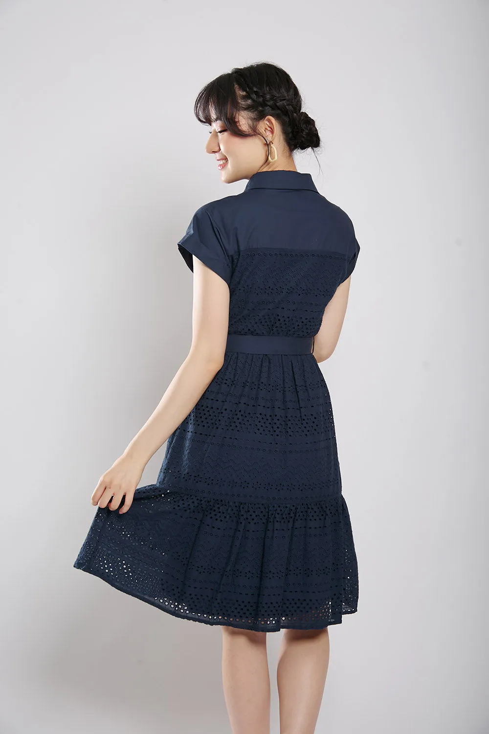 Poleen Midi Dress in Navy Blue Eyelet
