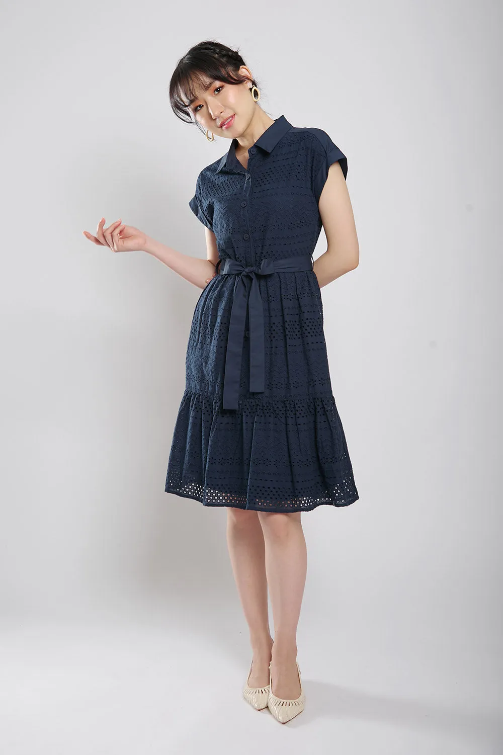 Poleen Midi Dress in Navy Blue Eyelet