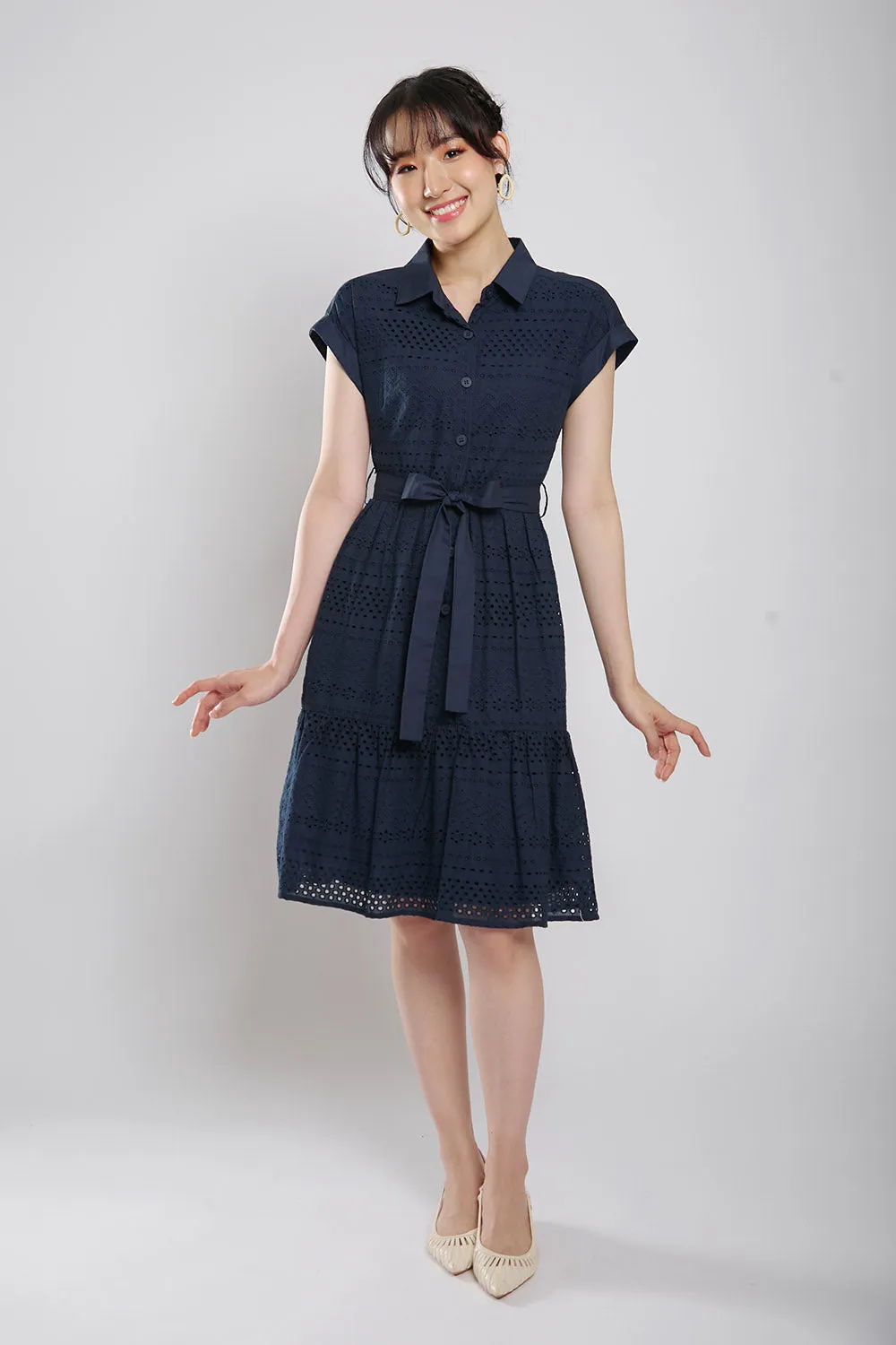 Poleen Midi Dress in Navy Blue Eyelet