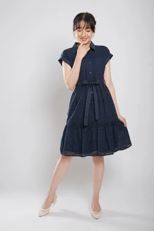 Poleen Midi Dress in Navy Blue Eyelet