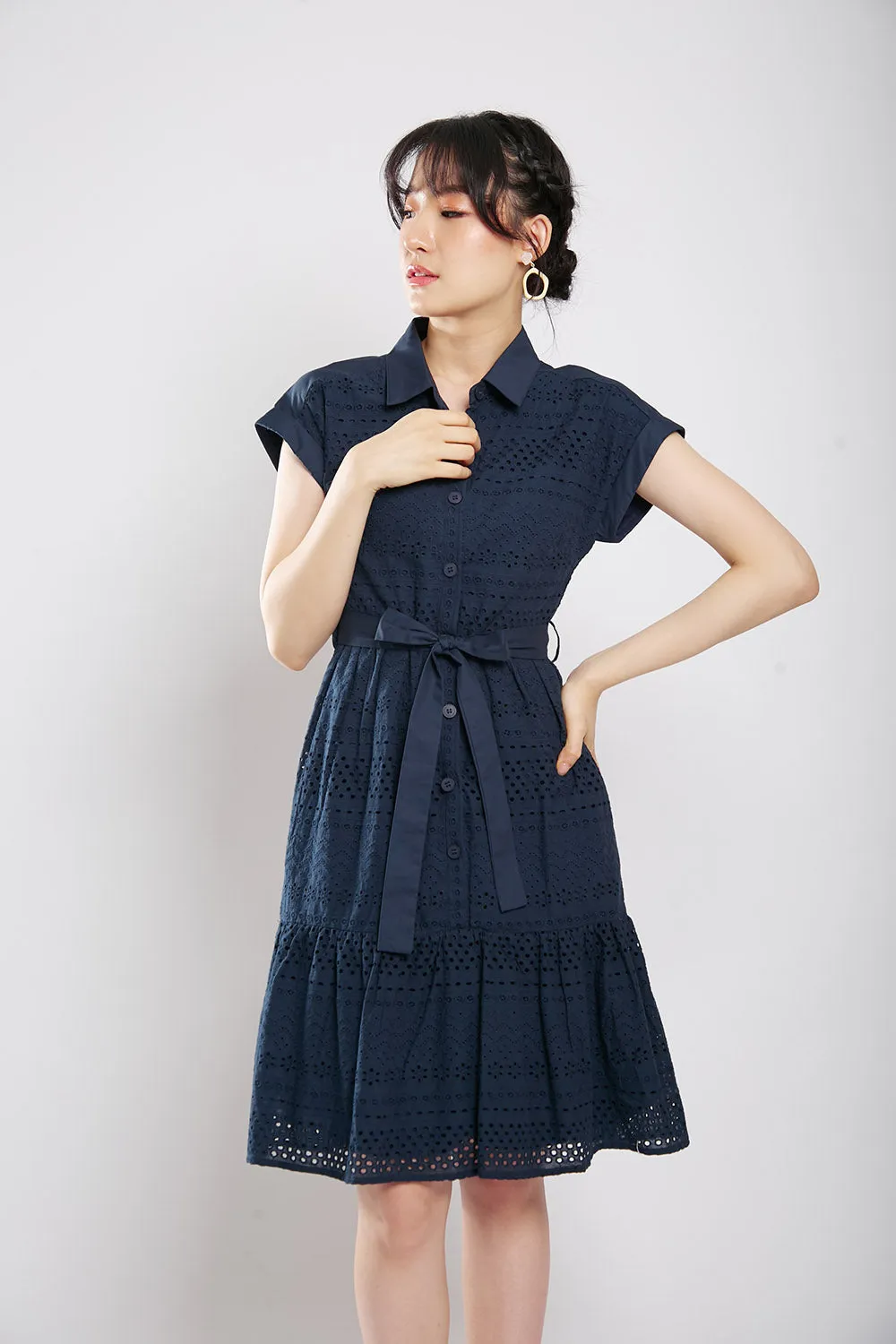 Poleen Midi Dress in Navy Blue Eyelet
