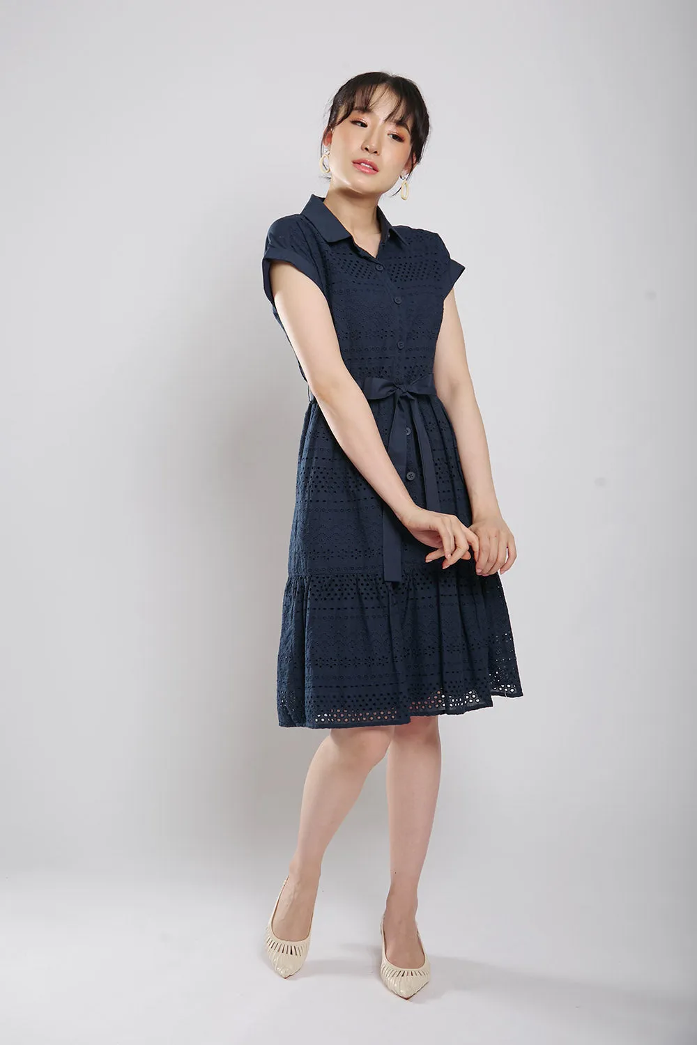 Poleen Midi Dress in Navy Blue Eyelet