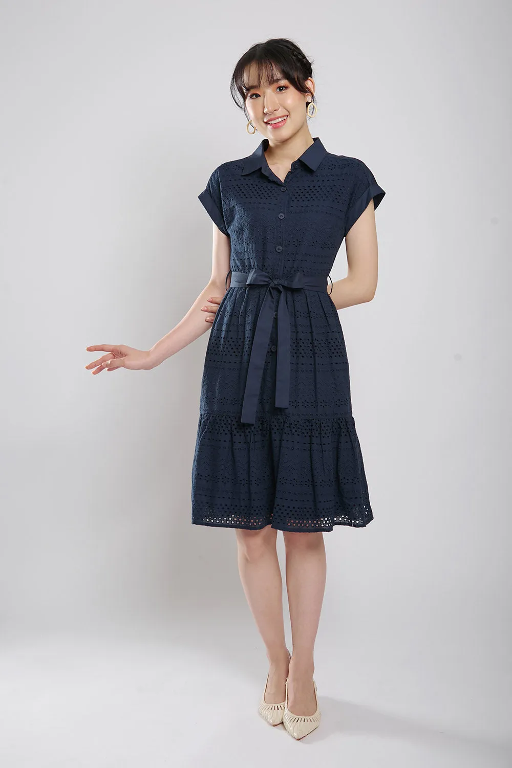 Poleen Midi Dress in Navy Blue Eyelet