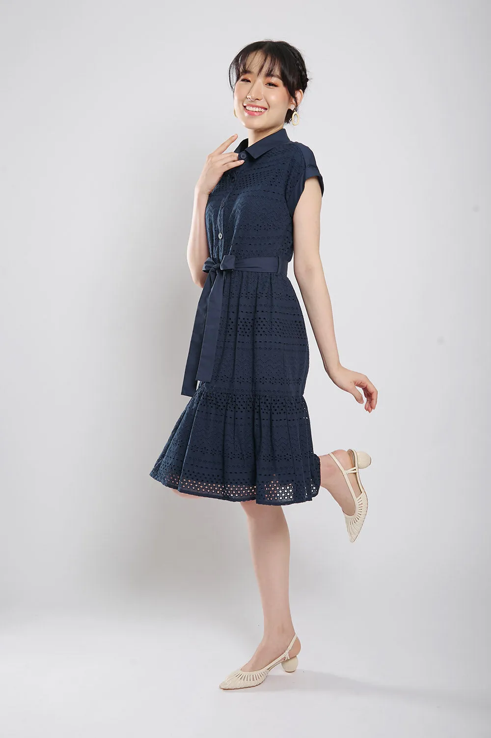 Poleen Midi Dress in Navy Blue Eyelet