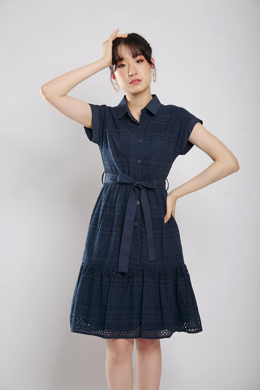 Poleen Midi Dress in Navy Blue Eyelet