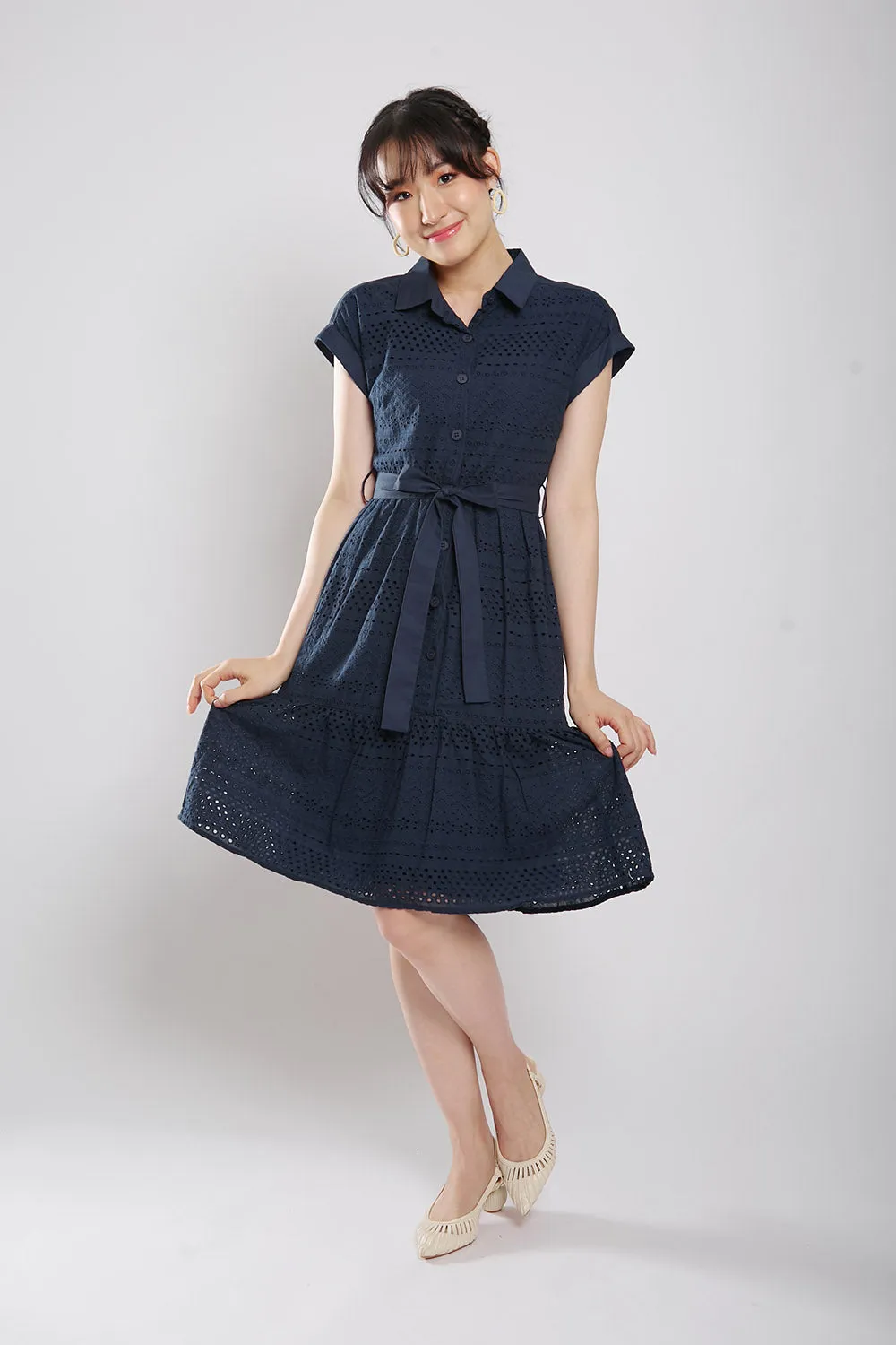 Poleen Midi Dress in Navy Blue Eyelet