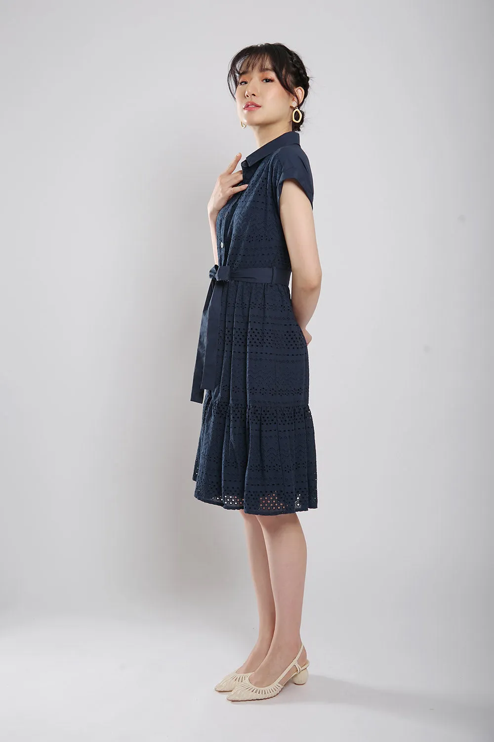 Poleen Midi Dress in Navy Blue Eyelet