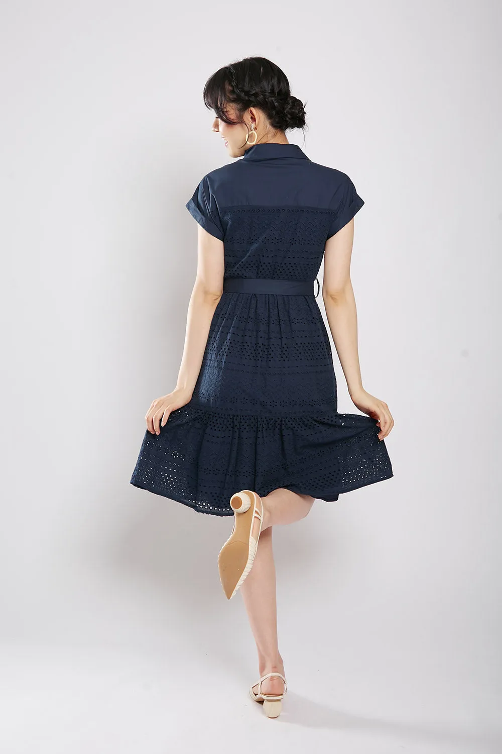Poleen Midi Dress in Navy Blue Eyelet