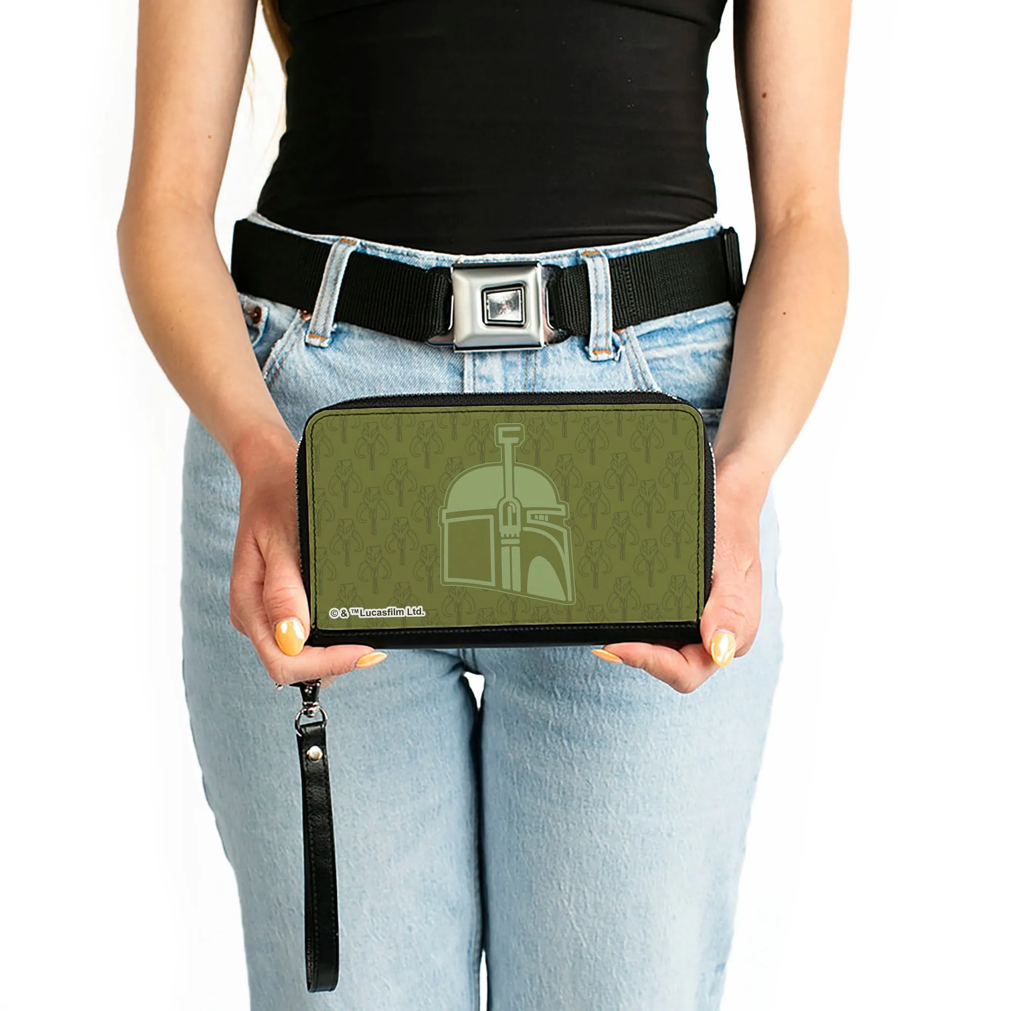 PU Zip Around Wallet Rectangle - Star Wars Boba Fett Helmet and Kyr'bes Skull Monogram Greens