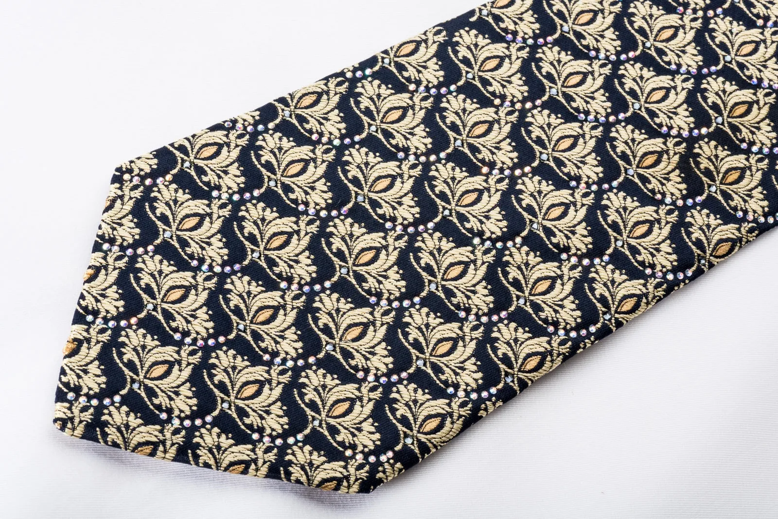 Renoma Men's Silk Tie Gold Baroque On Navy Sparkling With Rhinestones
