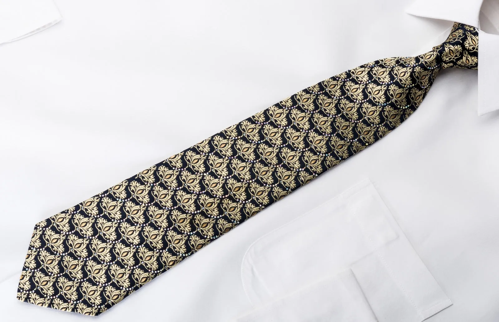 Renoma Men's Silk Tie Gold Baroque On Navy Sparkling With Rhinestones