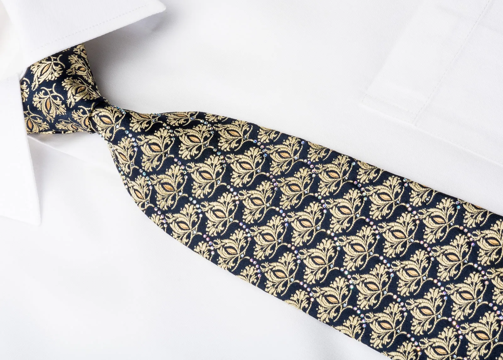 Renoma Men's Silk Tie Gold Baroque On Navy Sparkling With Rhinestones