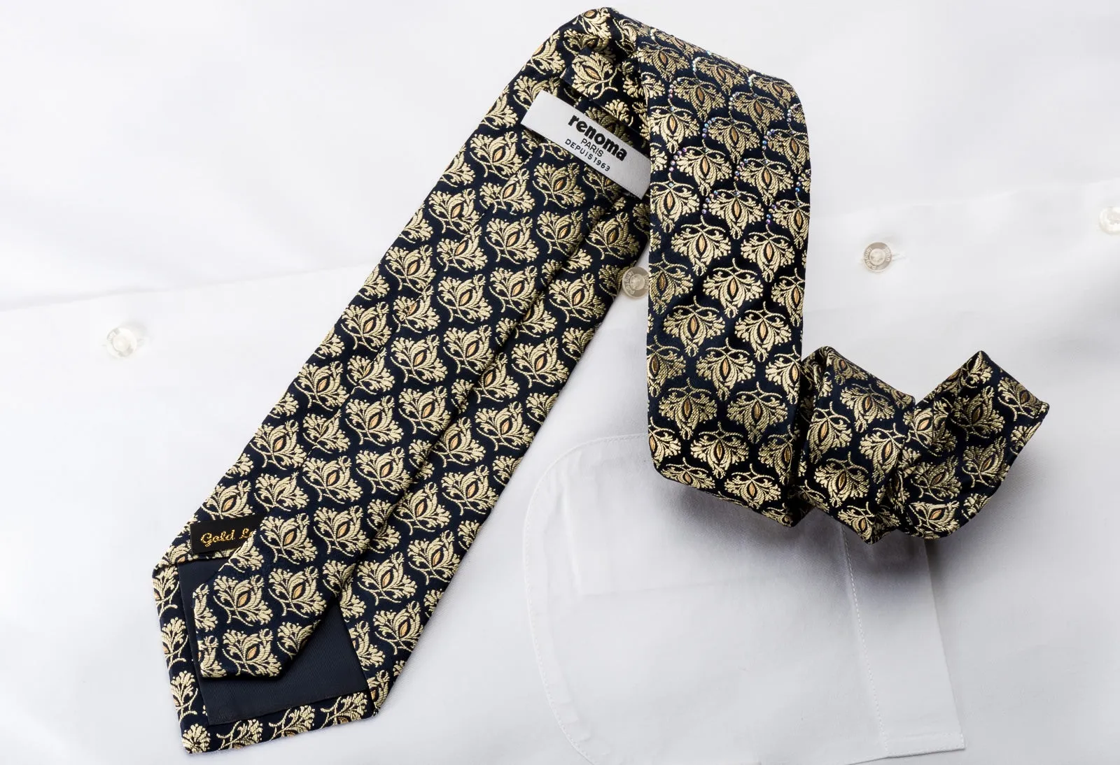 Renoma Men's Silk Tie Gold Baroque On Navy Sparkling With Rhinestones