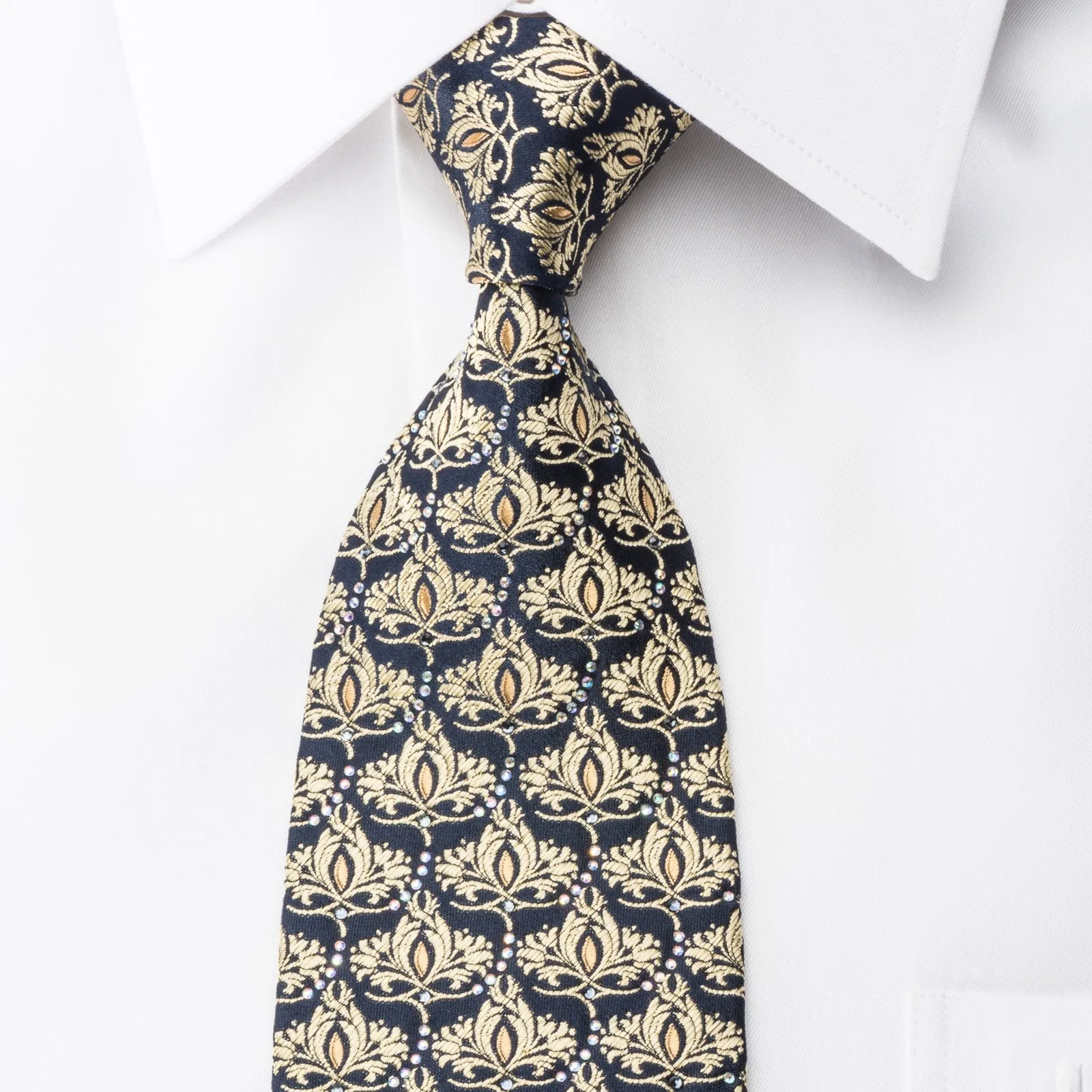 Renoma Men's Silk Tie Gold Baroque On Navy Sparkling With Rhinestones