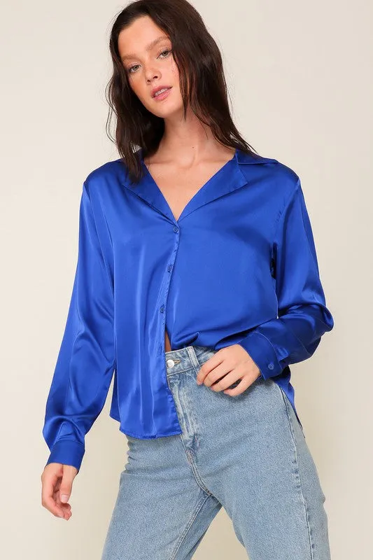 Royal Satin Collared Button Down Blouse