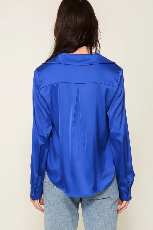 Royal Satin Collared Button Down Blouse