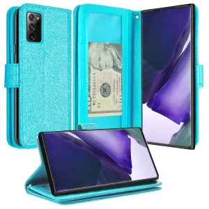 Samsung Galaxy Note 20 Case, Galaxy Note 20 Case, Glitter Faux Leather Flip Credit Card Holder Wrist Strap Shockproof Protective Wallet Case Clutch for Galaxy Note 20 - Teal