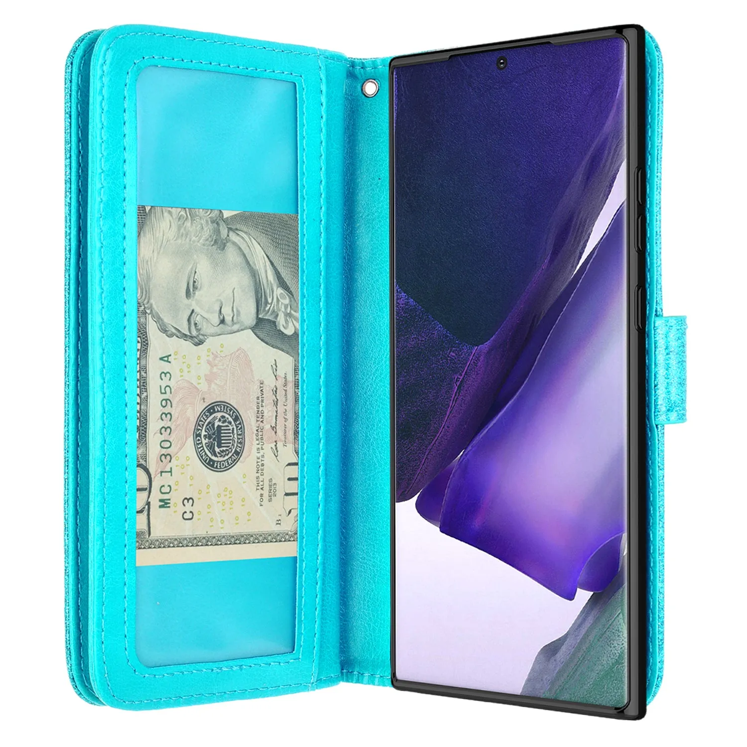 Samsung Galaxy Note 20 Case, Galaxy Note 20 Case, Glitter Faux Leather Flip Credit Card Holder Wrist Strap Shockproof Protective Wallet Case Clutch for Galaxy Note 20 - Teal