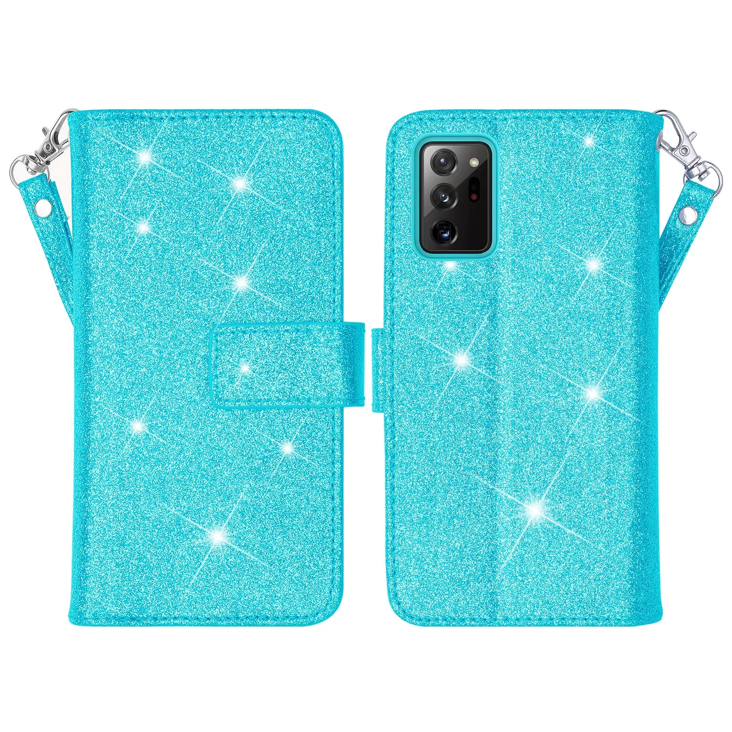 Samsung Galaxy Note 20 Case, Galaxy Note 20 Case, Glitter Faux Leather Flip Credit Card Holder Wrist Strap Shockproof Protective Wallet Case Clutch for Galaxy Note 20 - Teal