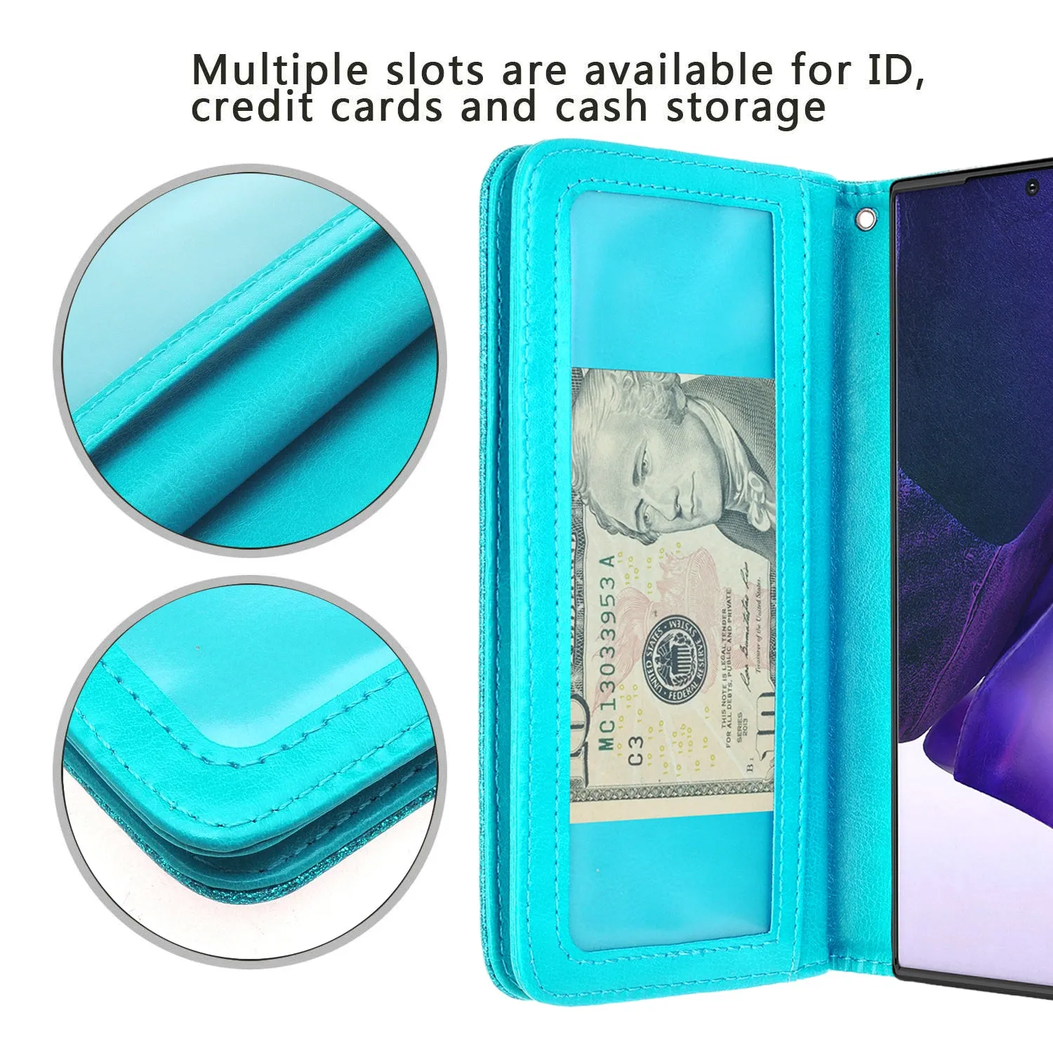 Samsung Galaxy Note 20 Case, Galaxy Note 20 Case, Glitter Faux Leather Flip Credit Card Holder Wrist Strap Shockproof Protective Wallet Case Clutch for Galaxy Note 20 - Teal