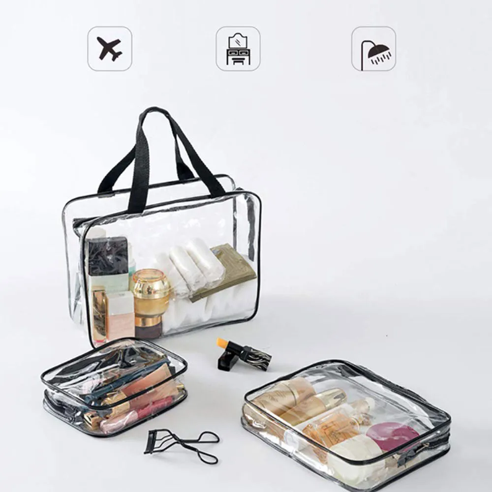 (Set of 3) Cosmetic Make Up Bag Hand Luggage Necessaire Organizer Bag with Zipper - Transparent