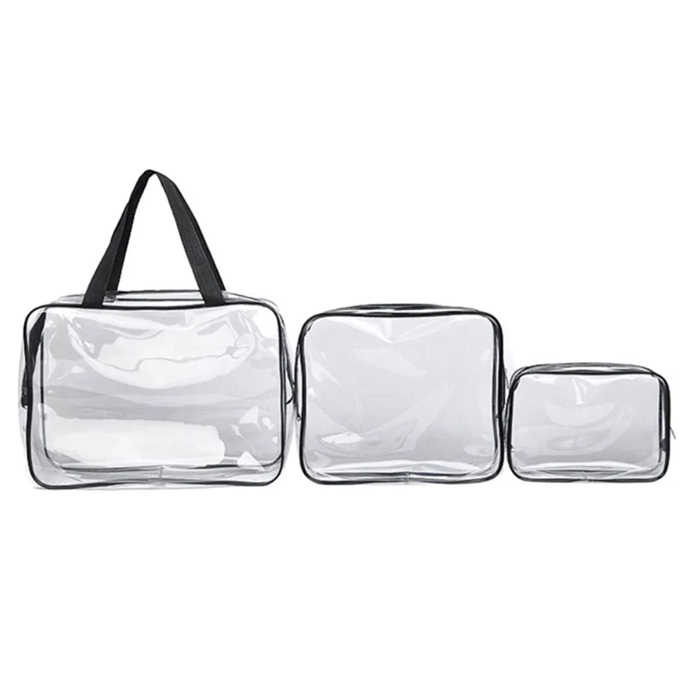 (Set of 3) Cosmetic Make Up Bag Hand Luggage Necessaire Organizer Bag with Zipper - Transparent