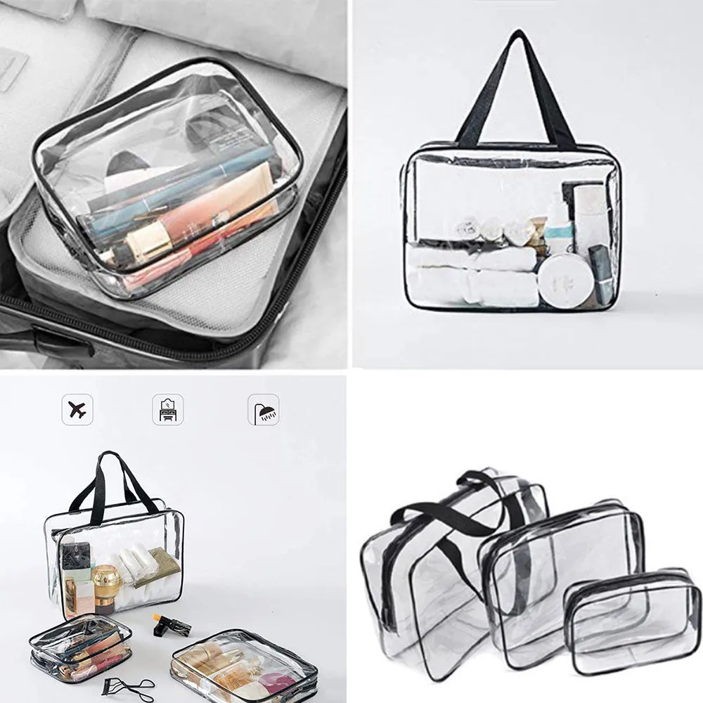 (Set of 3) Cosmetic Make Up Bag Hand Luggage Necessaire Organizer Bag with Zipper - Transparent