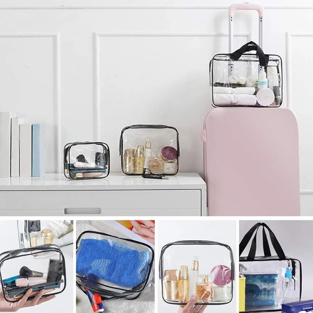 (Set of 3) Cosmetic Make Up Bag Hand Luggage Necessaire Organizer Bag with Zipper - Transparent