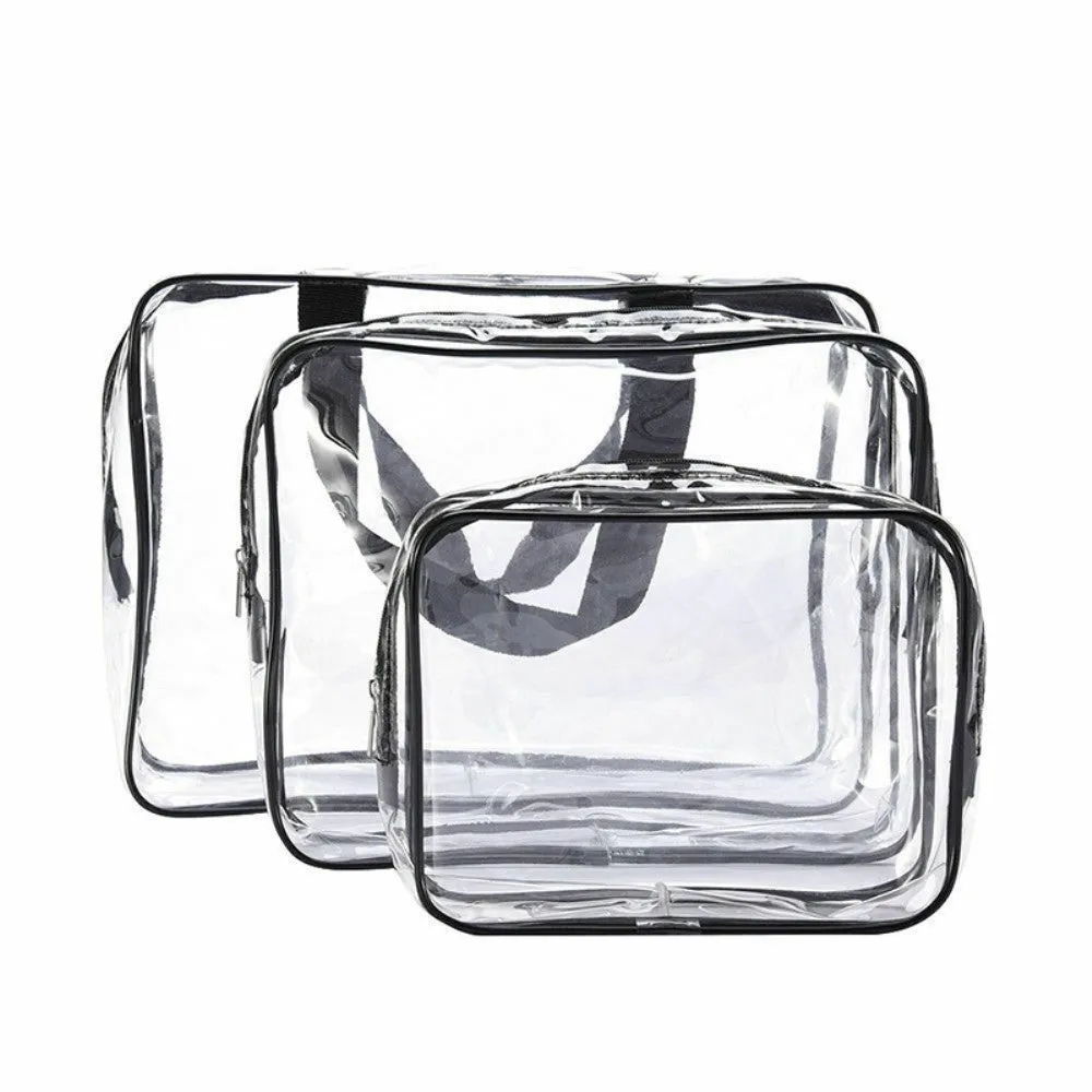 (Set of 3) Cosmetic Make Up Bag Hand Luggage Necessaire Organizer Bag with Zipper - Transparent