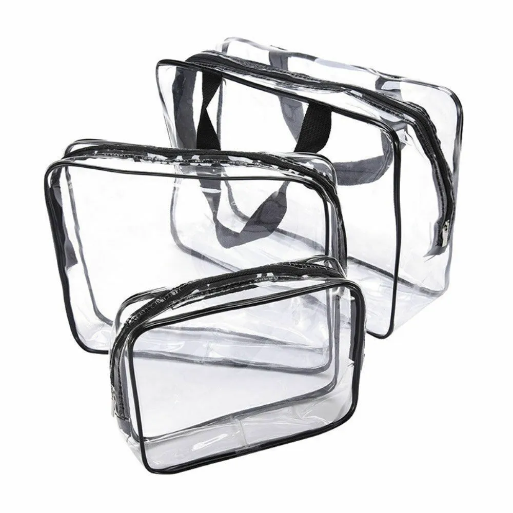 (Set of 3) Cosmetic Make Up Bag Hand Luggage Necessaire Organizer Bag with Zipper - Transparent
