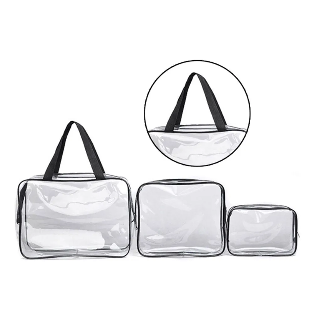 (Set of 3) Cosmetic Make Up Bag Hand Luggage Necessaire Organizer Bag with Zipper - Transparent