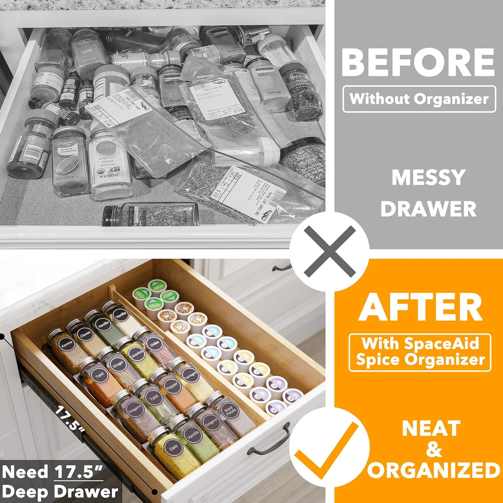 SpaceAid Spice Drawer Organizer with 16 Spice Jars and 386 Labels, 4 Tier, 7.5" Wide x 17.5" Deep