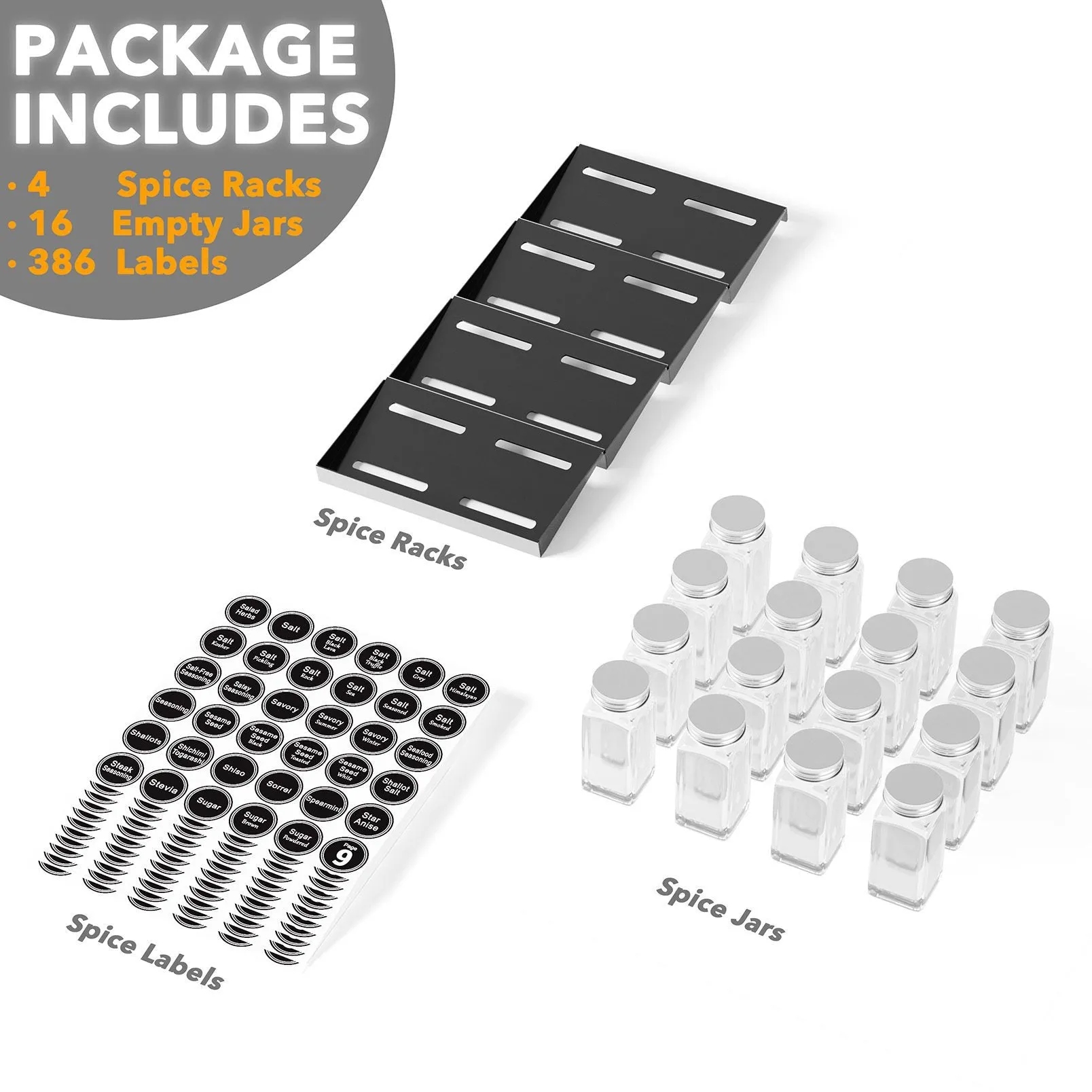 SpaceAid Spice Drawer Organizer with 16 Spice Jars and 386 Labels, 4 Tier, 7.5" Wide x 17.5" Deep
