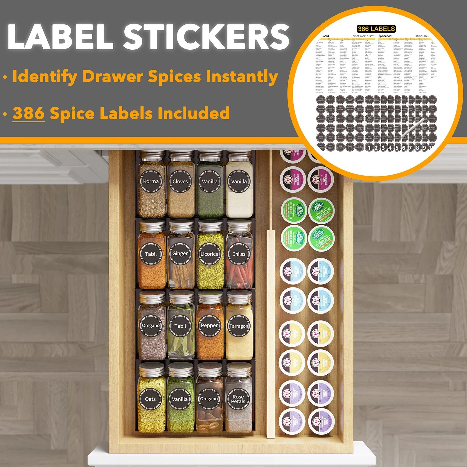 SpaceAid Spice Drawer Organizer with 16 Spice Jars and 386 Labels, 4 Tier, 7.5" Wide x 17.5" Deep