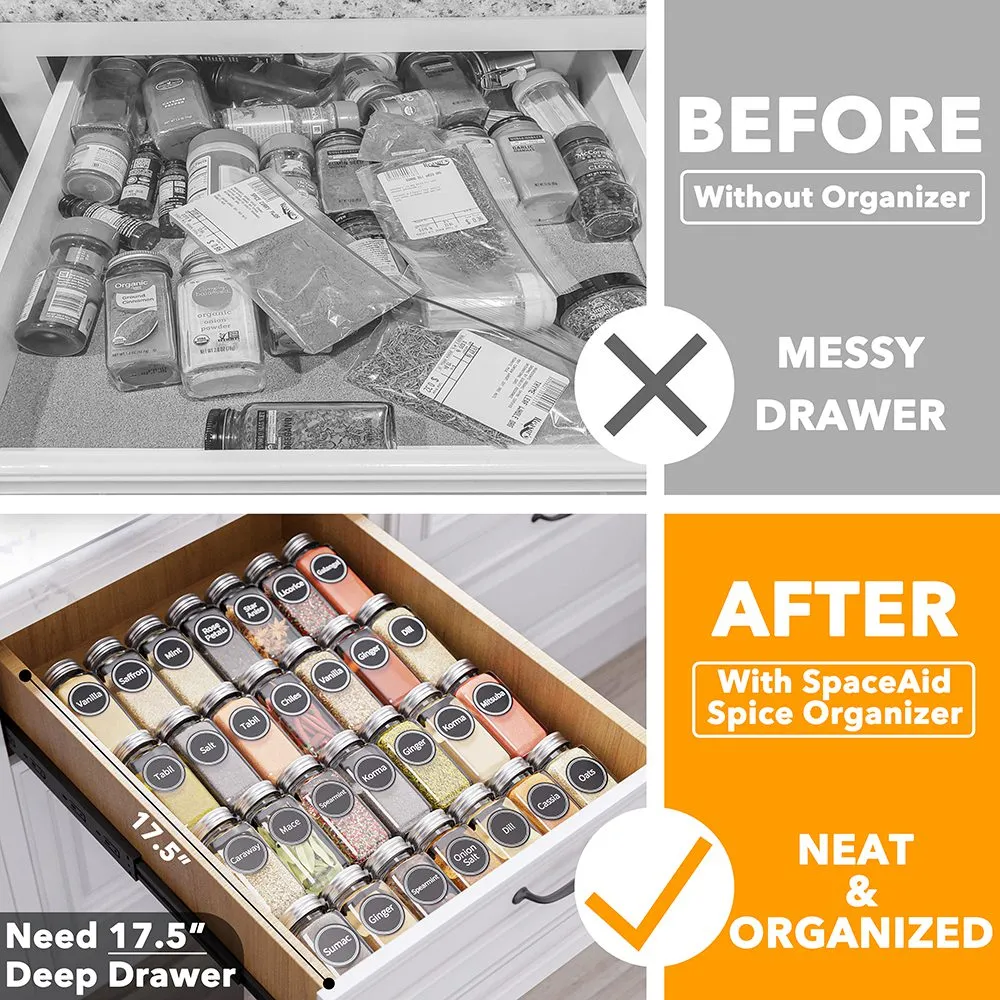 SpaceAid® Spice Drawer Organizer with 28 Spice Jars Compact Spice Rack for Kitchen Drawer